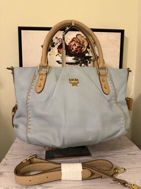 MCM Pale Blue Leather Tote with Tan Trim